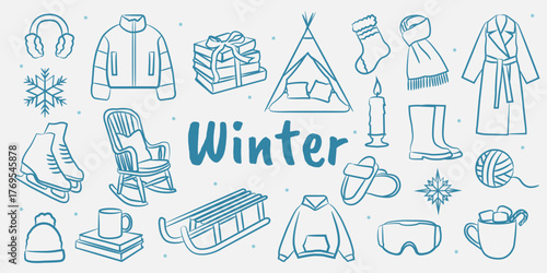 Winter doodle icon set. Cozy hand drawn seasonal design of  snowflake, mittens, ice skates, sweater, mug, and candle. Minimalist line art illustration.