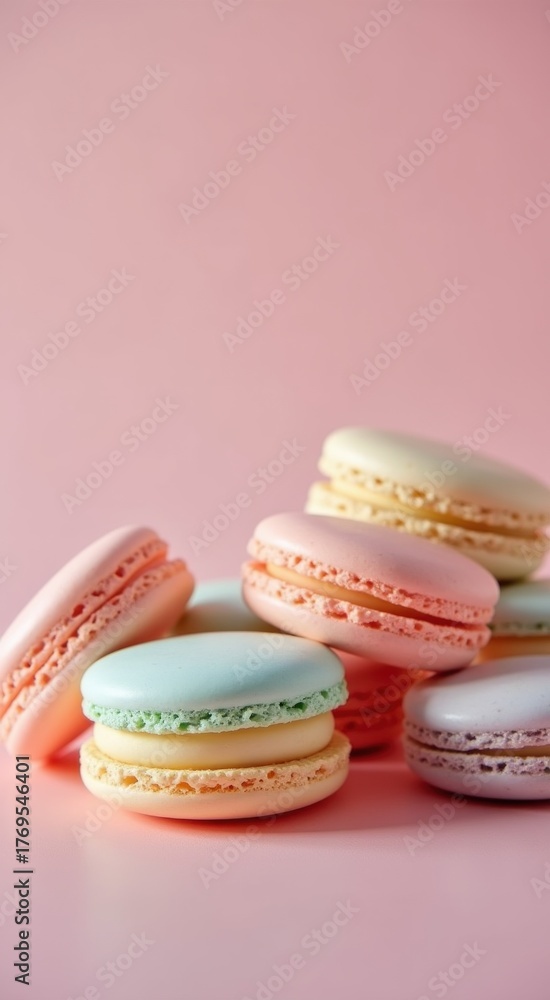 Fototapeta premium Several macarons are stacked on top of each other on a pink surface