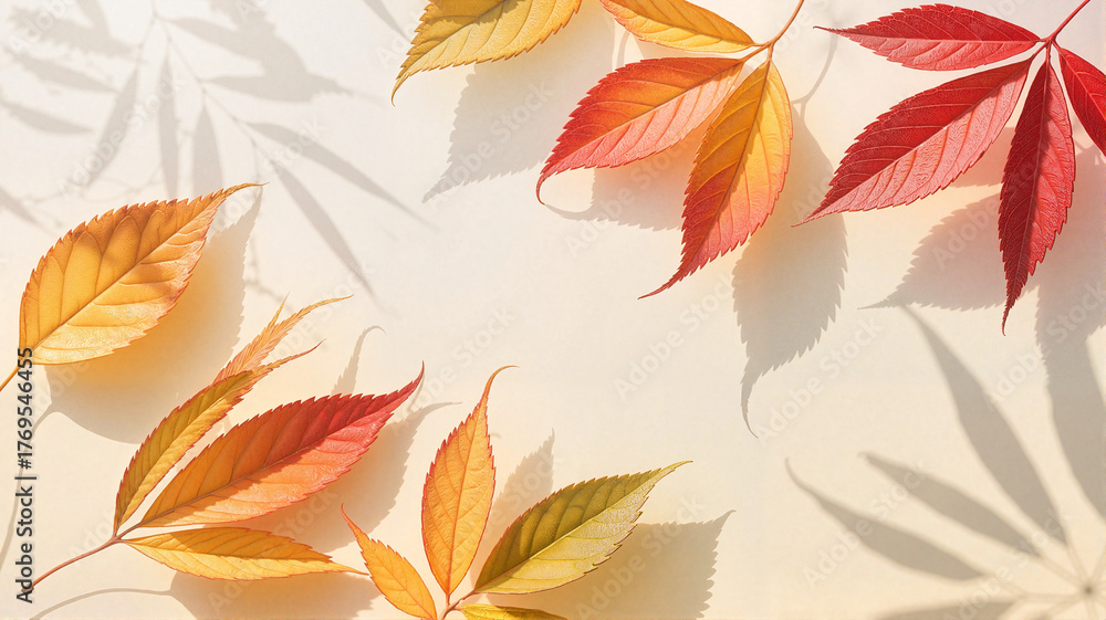 Fototapeta premium Colorful autumn leaves arranged on light background with shadows 