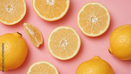 Pieces of ripe pomelo on pink background, top view