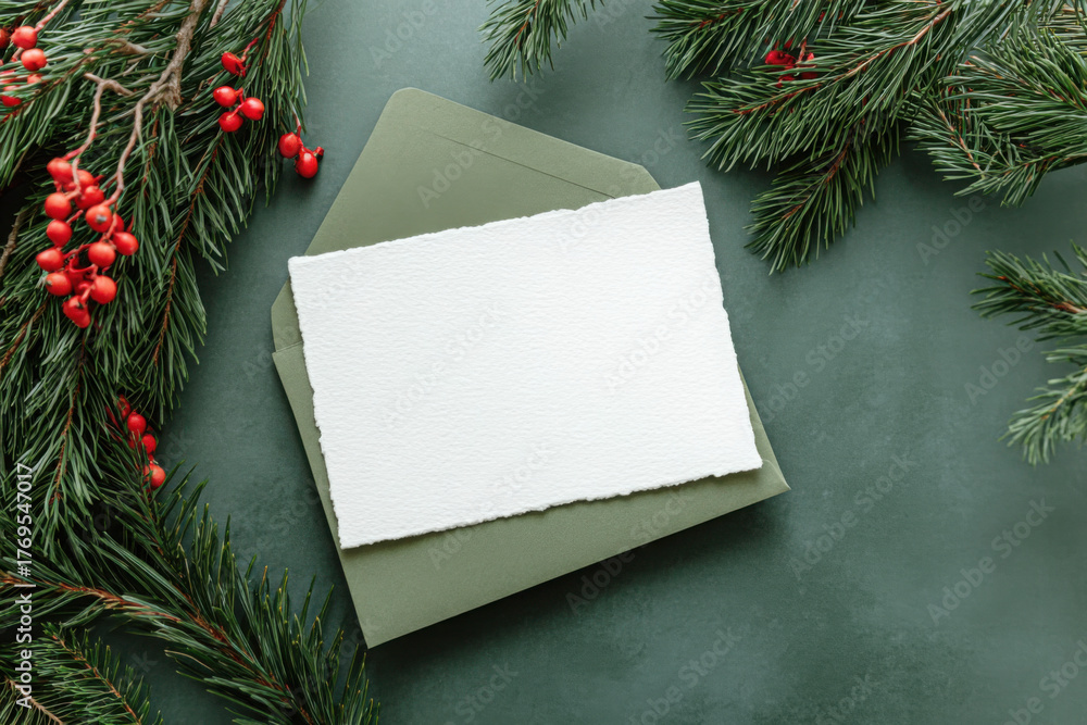 Obraz premium Overhead view of a blank card and envelope on festive Chistmas fir branches and berries 