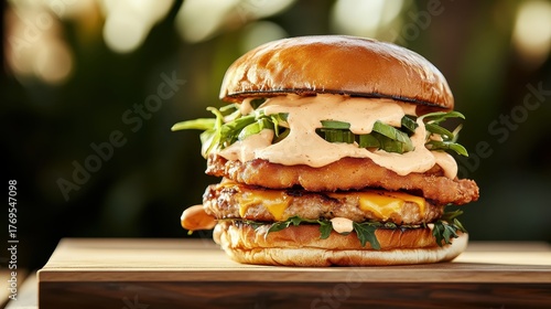 Juicy double patty burger with melted cheese, crispy chicken, fresh greens, and creamy sauce on a bun, served on a wooden board.