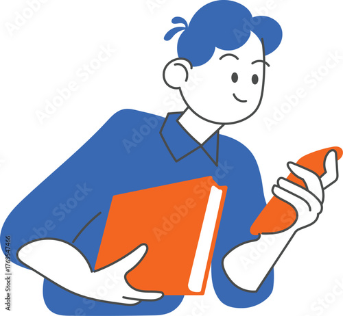office character cartoon reading message on phone and book