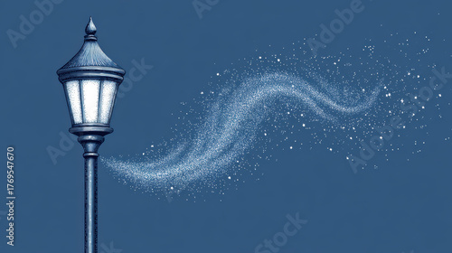 Enchanting illustration of magical glowing street light at night. mysterious fantasy sparkle and wind blow from blue lantern, creating cold, winter atmosphere