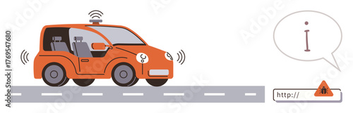 Driverless car with sensors on road emitting safety and alert signals. Ideal for technology, innovation, future transport, AI, safety, autonomy, communication themes. Simple flat metaphor