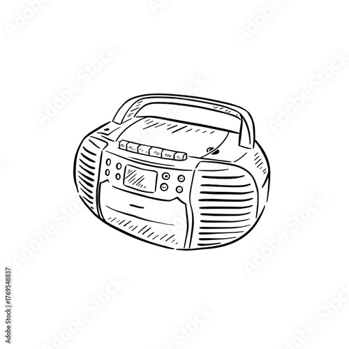 Old school CD player hand drawn in black line. 