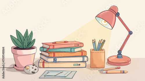 An illustration of a neatly arranged study desk featuring a stack of books, a potted succulent, a lit desk lamp, and various stationery items.