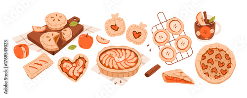 Cozy apple pie with cinnamon and golden crust. Autumn dessert menus and homemade baking. Flat vector illustration of a delicious apple pastry.