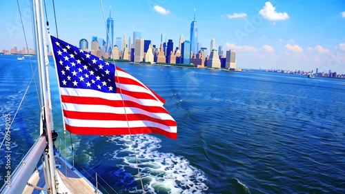Close-up of an American flag on a yacht with New York City in the background on a summer day