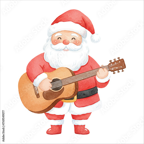 Watercolor Santa Playing Guitar for Christmas Music, White Background
