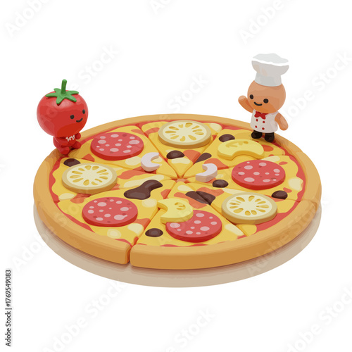 A toy pizza with slices of pepperoni, mushrooms, and pineapple, accompanied by a tomato and a chef figurine.