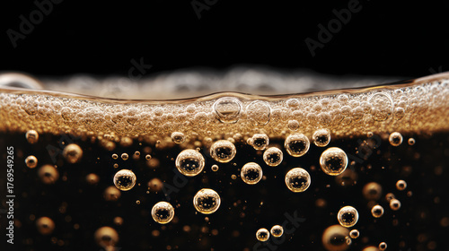 Refreshing close up of carbonated drink with brown foam and many bubbles on black background. This macro view captures fizzy texture and liquid detail of soda pop