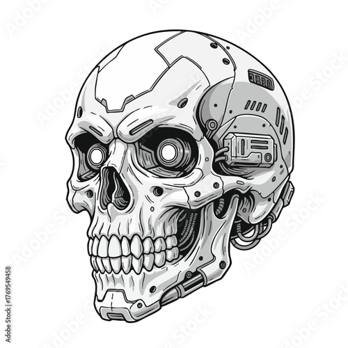 Striking monochromatic illustration of a futuristic cybernetic skull with advanced robotic enhancements