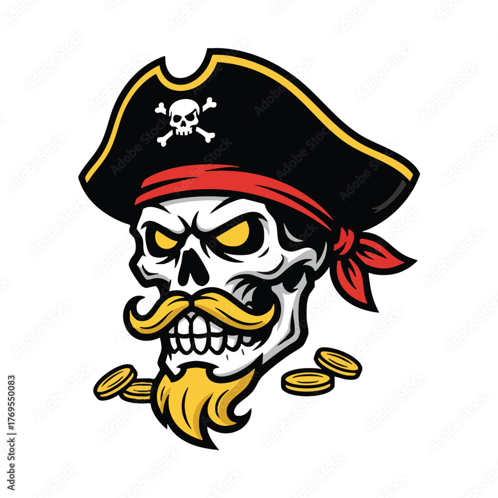Fototapeta premium Intricate cartoon pirate skull character with tricorn hat, fierce yellow eyes, and golden treasures, a detailed vector illustration