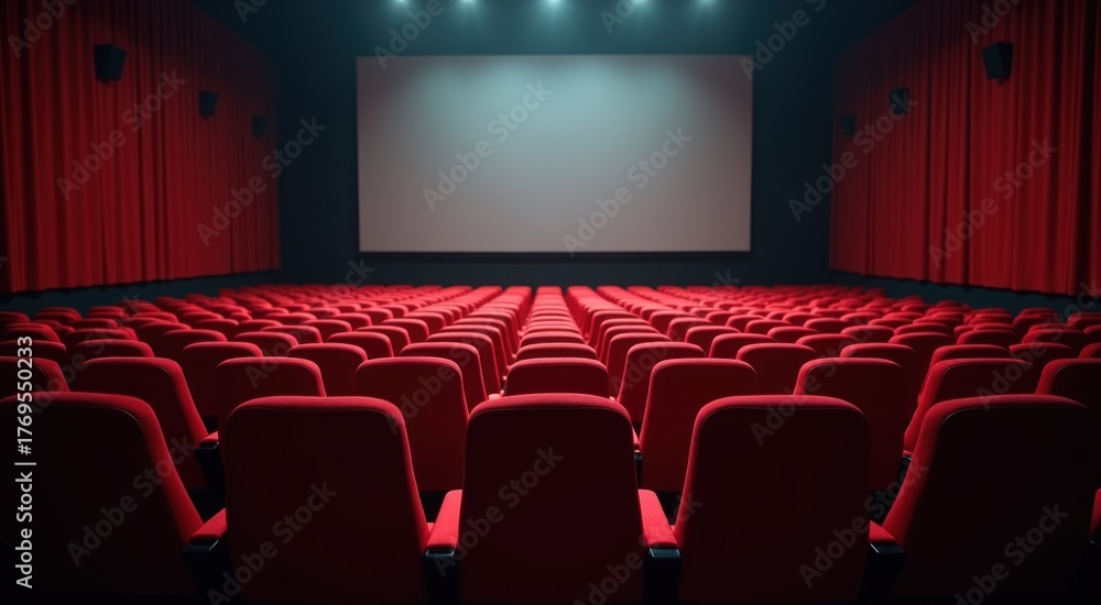 Fototapeta premium A dimly lit theater with red seats and a projector screen