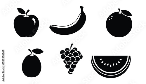 Collection of black silhouettes of fresh fruits including apple banana plum pear grapes and kiwi slice