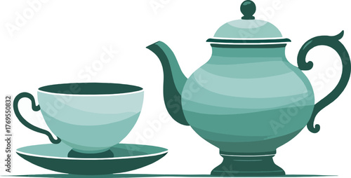Simple flat graphic of a mint teapot and cup, isolated on white. Elegant tea ceremony illustration for menus, or packaging