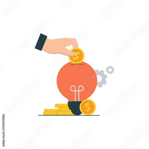 Investment in Ideas and Innovation, Hand Putting Coin into Light Bulb Bank Vector Illustration