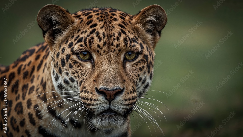 Naklejka premium Close up of a leopard's face showing detailed features and fur pattern.