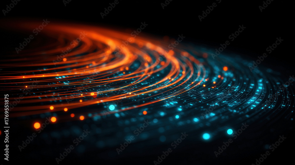 Fototapeta premium Computer security concept illustrating dynamic data flows in contrasting colors representing cybersecurity challenges and solutions