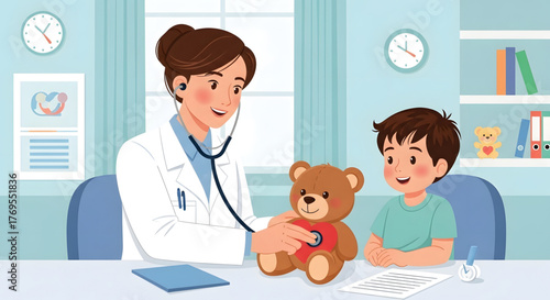 Female doctor examining teddy bear with stethoscope while sitting next to a boy in a pediatric office with a friendly atmosphere.