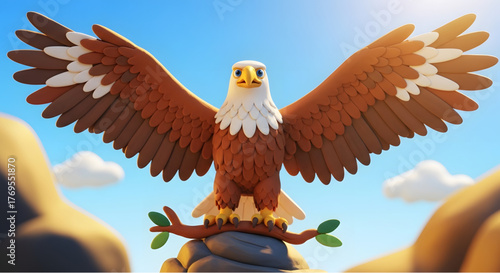 A cartoon bald eagle perched on a branch against a bright blue sky with fluffy clouds.