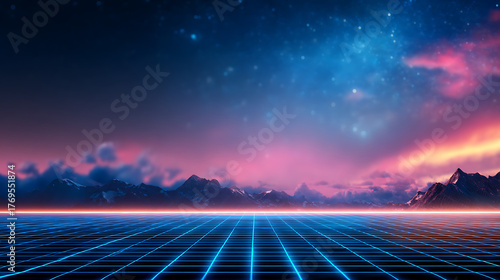 Neon grid game background with cyberpunk smoke effect and vaporwave pink. 80s retrowave or synthwave laser lights for futuristic wallpapers. Geometric galaxy landscape digital glow design f 33205078 1