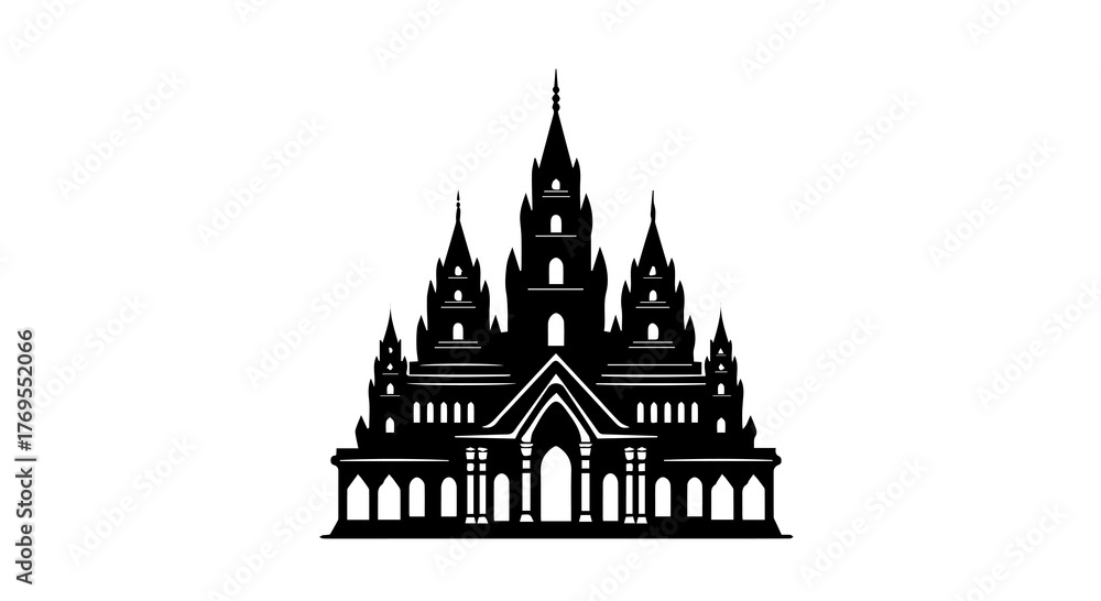 Fototapeta premium Fairytale Castle Silhouette with Towers and Arched Entrance Gate on a Transparent Background