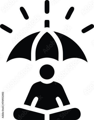 Person meditating under an umbrella with radiating light