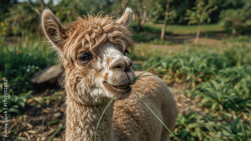 Obraz premium Alpaca chewing grass, feeding alpaca, alpaca funny face