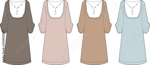 Fashion technical flat sketch template of a women's tunic dress with a scoop neckline and cuffed sleeves, shown in a variety of pastel and neutral colors
