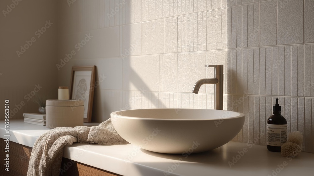 Fototapeta premium Modern bathroom with a white countertop and a white sink. the sink is a round, oval-shaped vessel sink with a silver faucet.