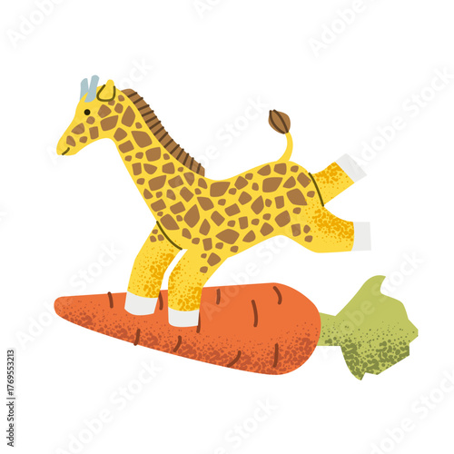 Funny giraffe rides on a carrot. Healthy lifestyle and food concept. For posters, books, educational materials and children's designs.