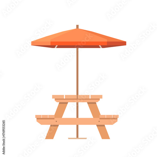 Empty picnic table with umbrella in flat style isolated on white background. Vector stock