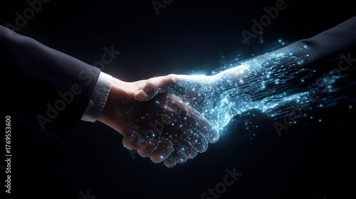 Handshake between human and digital entity symbolizes collaboration in cybersecurity and computer security efforts to safeguard data and networks