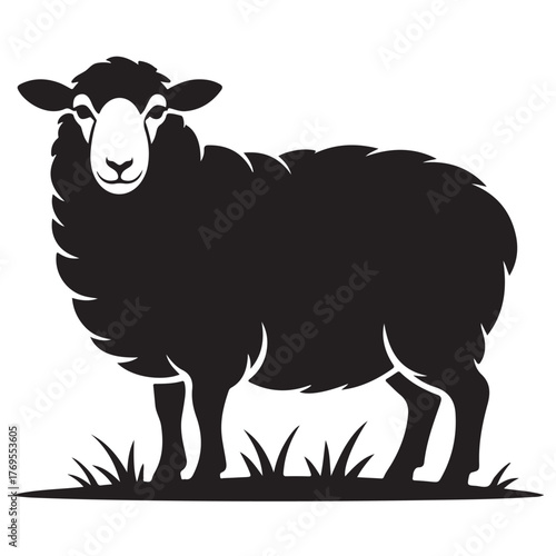 Silhouette of a sheep standing in a field, isolated on white background, a symbol of pastoral tranquility and nature