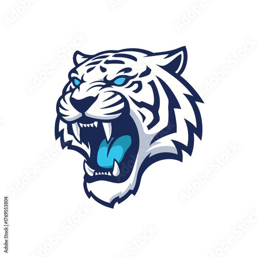 A fierce white tiger mascot head logo with striking blue eyes and an aggressive roar representing power and determination