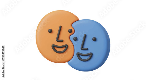 A colorful illustration of two smiling faces, one orange and one blue, overlapping in a Venn diagram on a white background with a playful and harmonious mood.