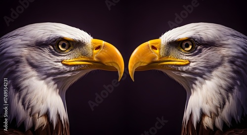 Close-up of two American bald eagles facing each other with sharp gazes against a dark background.
