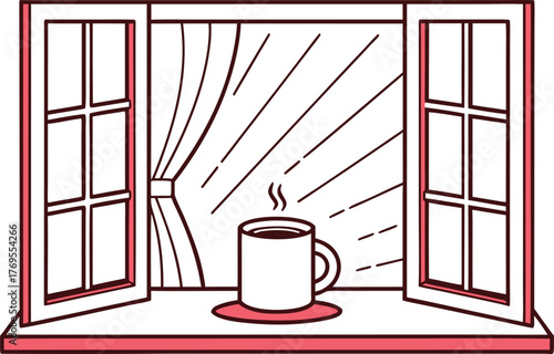 Steaming Coffee Cup on a Windowsill with Open Shutters and Curtains