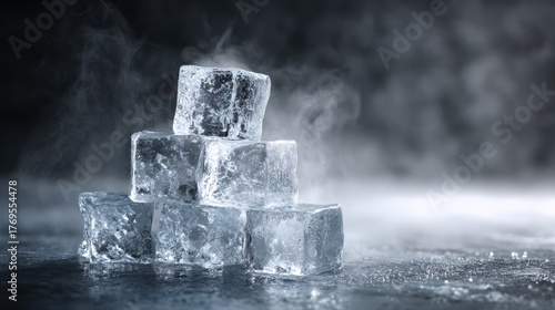 Frozen Ice Cubes Stacked with Steam Against a Dark Background for Creative Food and Beverage Photography