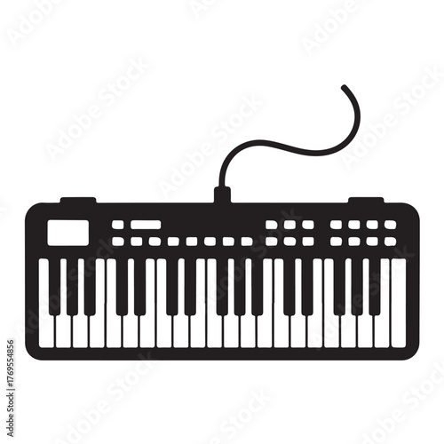 Silhouette of a synthesizer keyboard with cable, a symbol of electronic music and musical creativity isolated on white background
