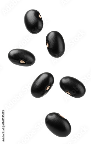 Falling Black Beans PNG. Flying turtle bean legumes isolated. Raw organic mexican food ingredients. Healthy vegetarian protein for taco and soup isolated