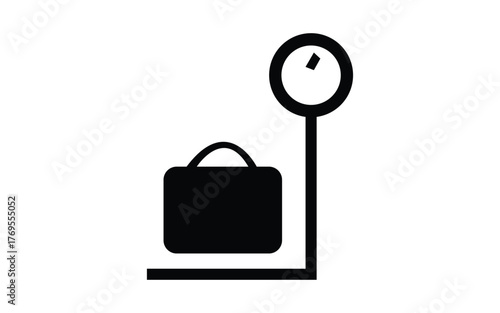 Black silhouette of a luggage bag being weighed on a vintage mechanical scale isolated on white background