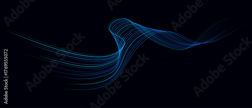 Abstract background with flowing blue and green light wave on a dark backdrop. Futuristic technology concept.