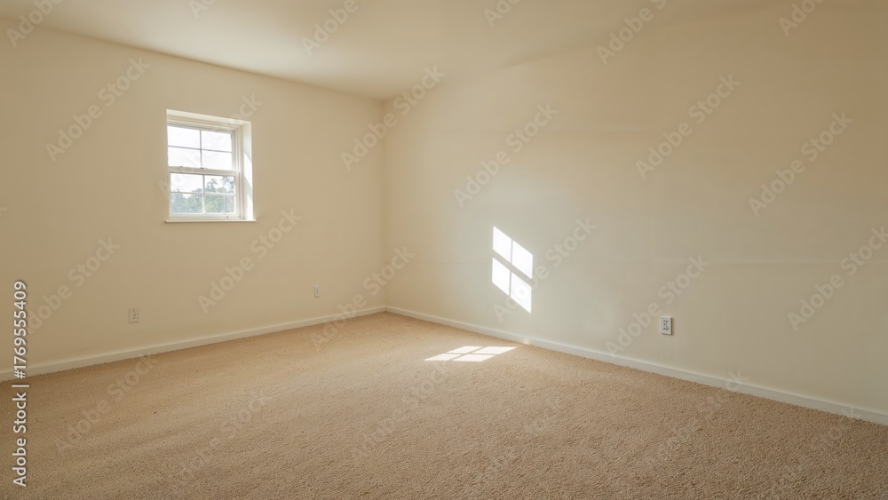 Fototapeta premium Light ivory-toned bedroom with carpet and small window.