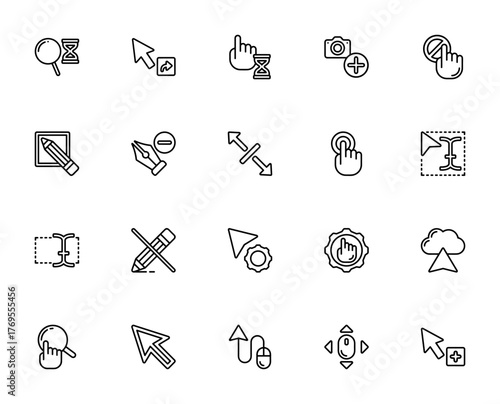 Cursors icon set. Vector cursor icons pack. Featurin search, pointer, click, wit, selection, typing, setings, mouse, cloud and mor. Editable stroke.