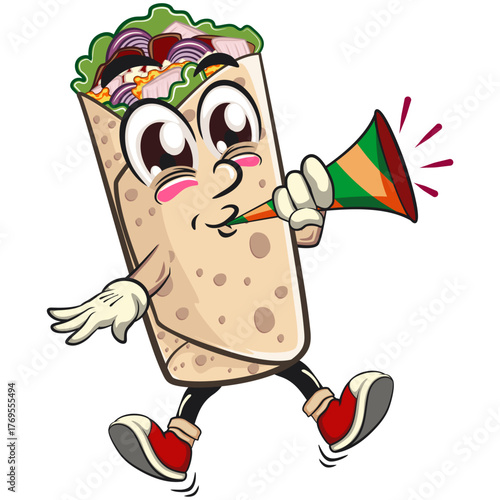 cute burrito mascot cartoon vector illustration mexican wrap character blow the party horn trumpet, funny fast food design isolated for logo, menu, and kids concept, work of hand drawn