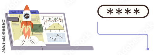 Rocket launching from a laptop displaying project tasks, graphs, and progress charts alongside a password input field. Ideal for startups, cybersecurity, productivity, innovation, technology
