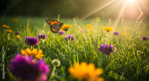 Fototapeta Naklejka Na Ścianę i Meble -  Monarch butterfly gracefully alights on a vibrant yellow flower in a meadow